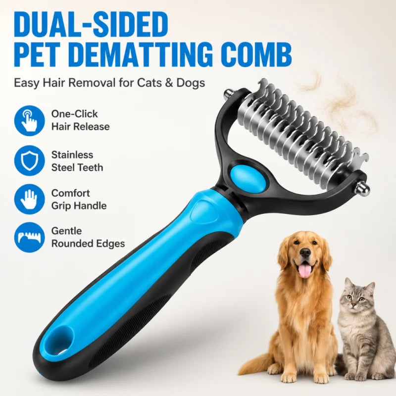 Pet Dematting Comb for Dogs & Cats, Knot Remover Grooming Tool with Stainless Steel Blades, Detangling Brush for Matted Tangled Hair, Professional Pet Grooming Rake for Long Haired Pets