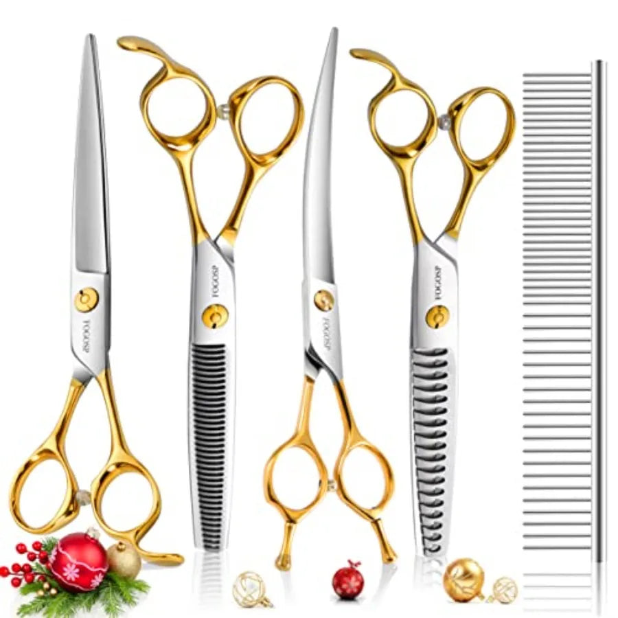 Dog grooming scissors kit for professional pet care: 7-inch curved, thinning, straight, and chunker shears in gold finish