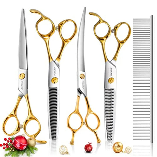 Dog grooming scissors kit for professional pet care: 7-inch curved, thinning, straight, and chunker shears in gold finish