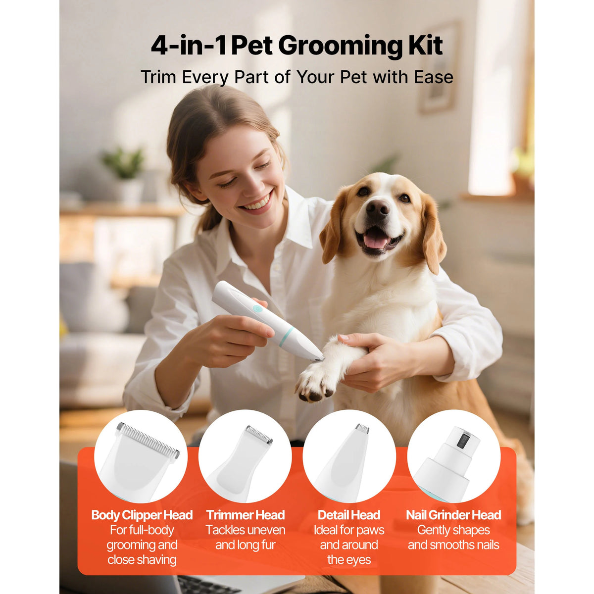 SucceBuy 4 in 1 Dog Clippers for Grooming Low Noise Rechargeable with 6 Combs & 4 Detachable Blades Waterproof Cordless for Dogs