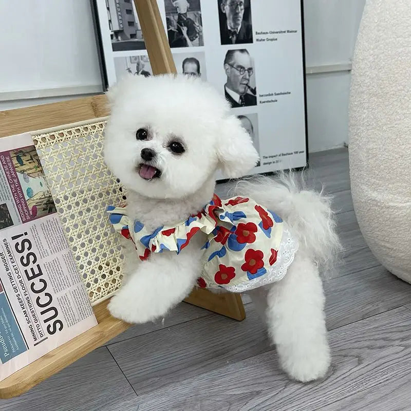 Summer new floral flutter sleeve vest dress, dog pet clothes for Teddy Bichon, cute clothes for puppies and cats, breathable pri