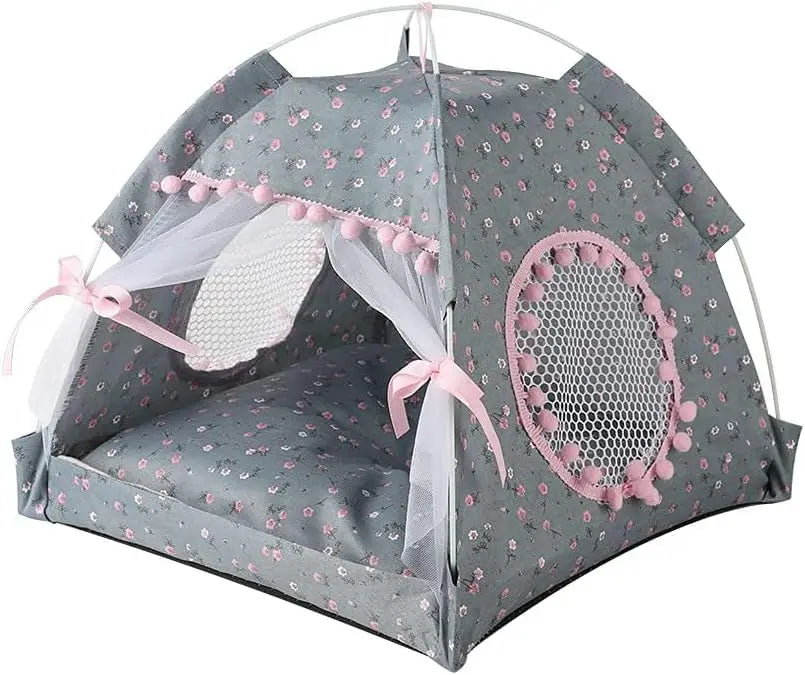 Selena Cat Bed Tents Dog House Indoor Outdoor Lace Mesh Breathable Windows Door Curtains Removable Portable Nest Teepe House (Small,Pink(Ruffled Teim))