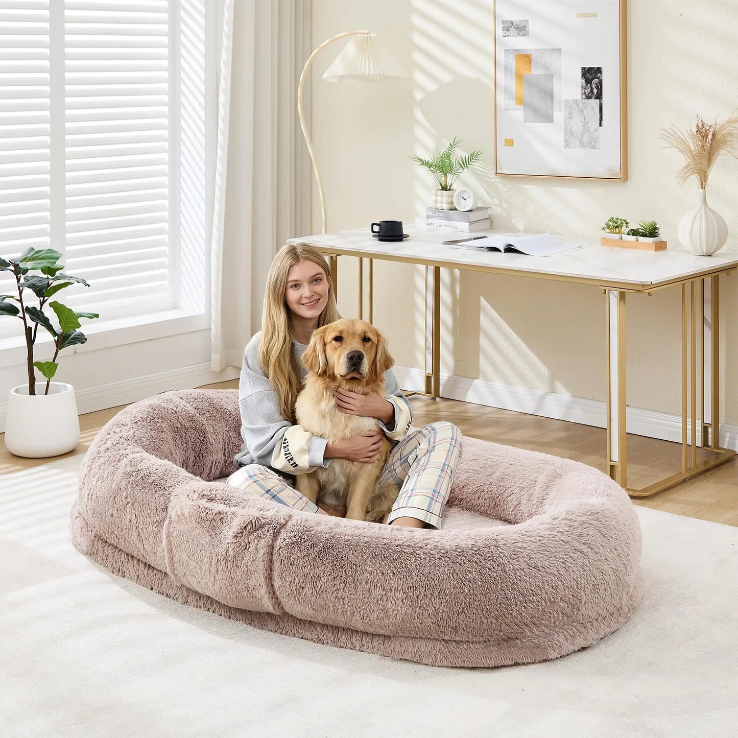 Oversized Human & Pet Shared Bed Plush Fleece Cozy Nest With Elevated Headrest Waterproof Lining Non-Slip Bottom Orthopedic Bed