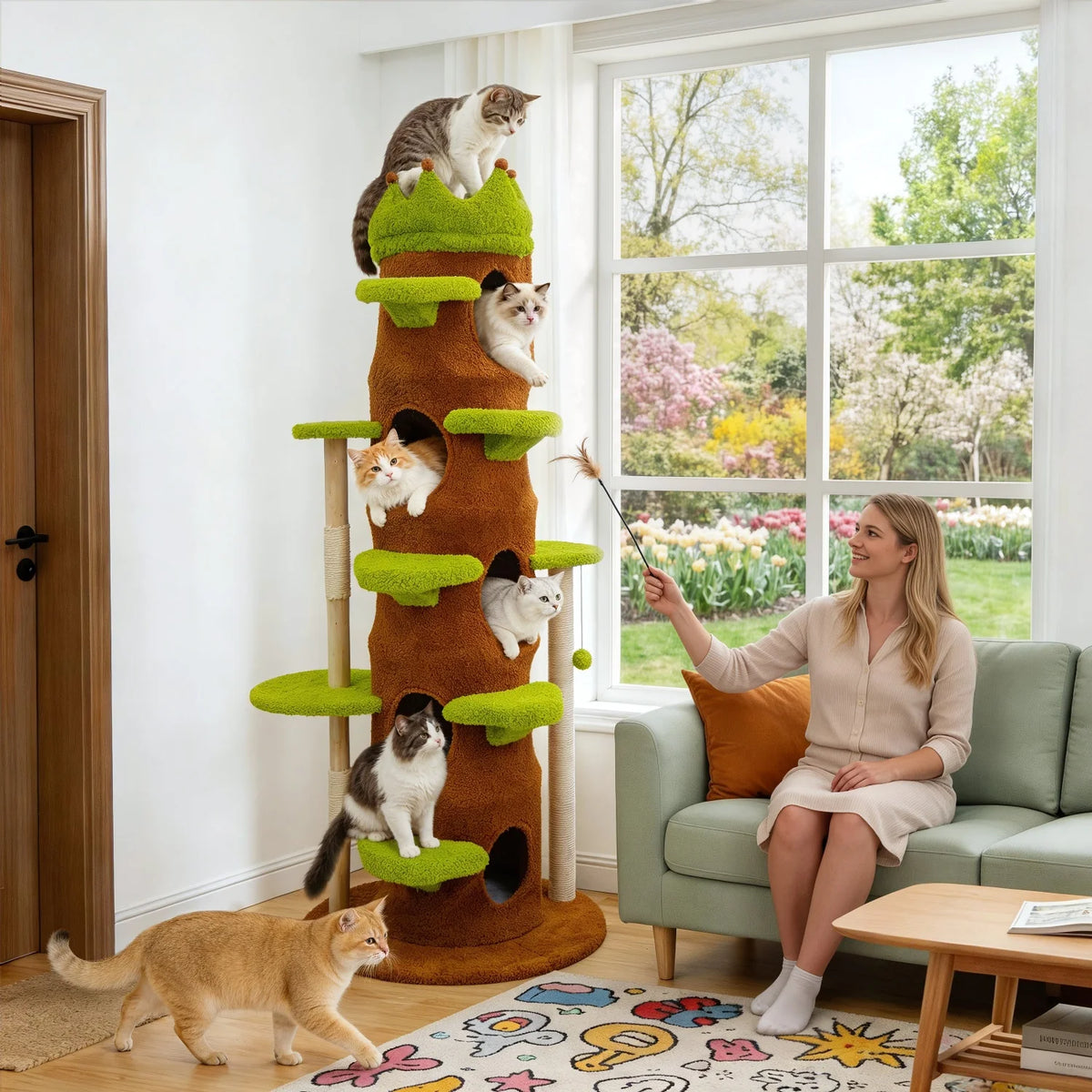 Heavy Duty Cat Tree 187CM Tall Sturdy Cat Tower Crown-shaped Top Perch Sisal Scratching Post Plush Cave for Multiple Cats Cat Climbing Tree Activity Center