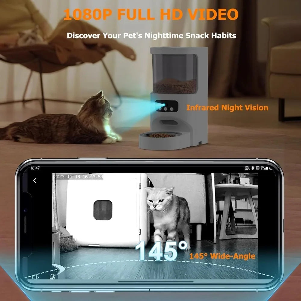 Automatic Cat Feeder with Camera 5G&2.4G WiFi Pet Feeder 1080P HD Cat Food Dispenser with Night Vision Timed Smart App Dog Food