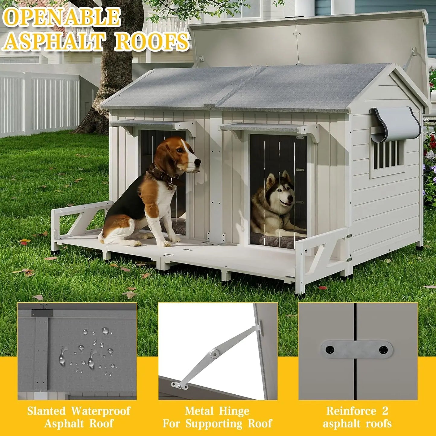 59.4" Large Wood Dog House Weatherproof Asphalt Roof Anti-Chewing Metal Edge Indoor Outdoor Small Medium Large Custom