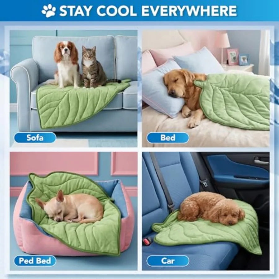 Dog Cooling Mat, Leaf Shape, Pet Pad with Cooling Nylon and Soft Fleece,  Reversible All Season Blanket for Dogs and