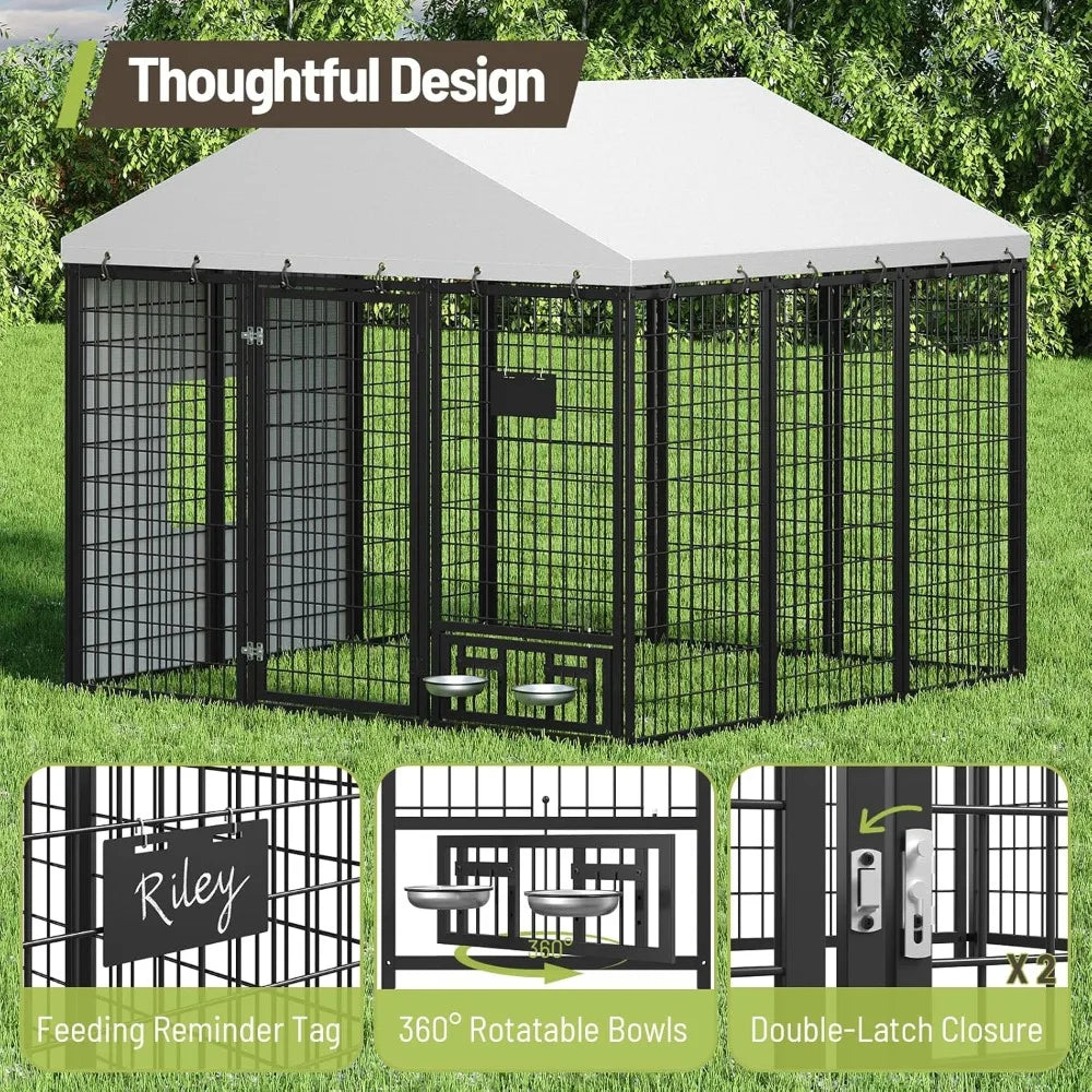 Outdoor Dog Kennel with Cover,  Dog Kennel Outside with Waterproof Roof, Rotating Feeding Bowls, Heavy Duty Large Dog，Customized