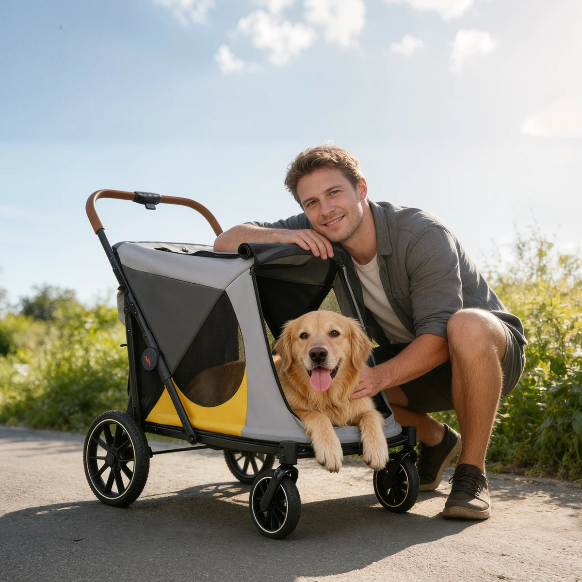 4 Wheels Dog Stroller for Large Dogs Up to 42kg One-click Folding Pet Carrier Stroller Jogger Cart with Storage Pockets