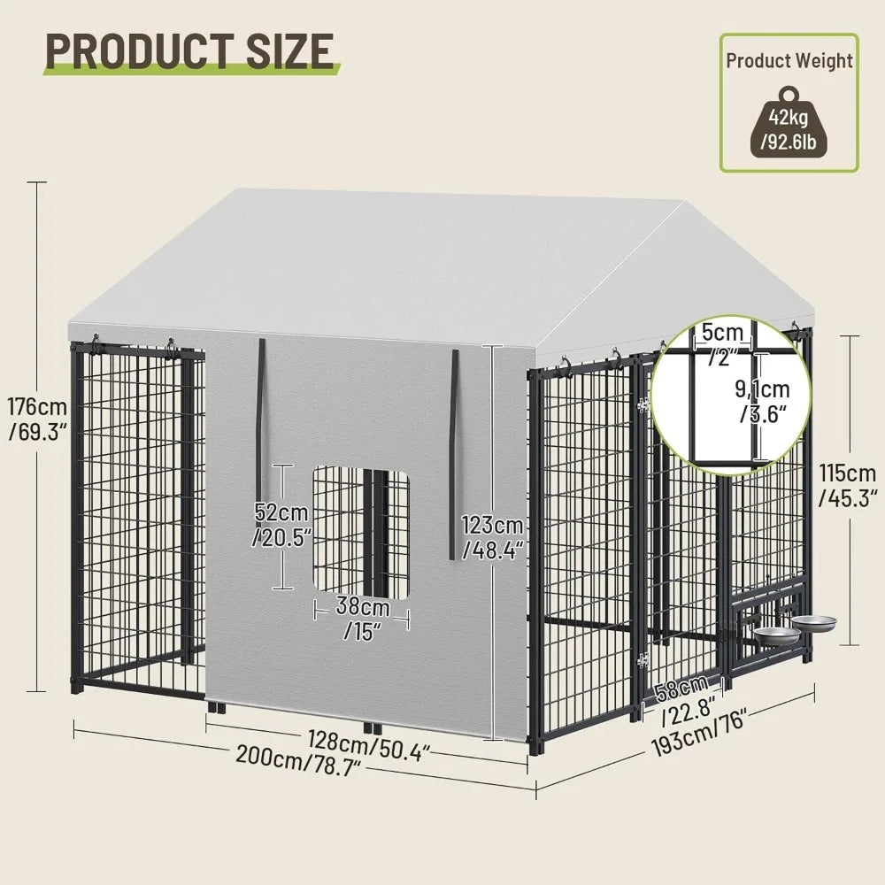 Outdoor Dog Kennel with Cover,  Dog Kennel Outside with Waterproof Roof, Rotating Feeding Bowls, Heavy Duty Large Dog，Customized