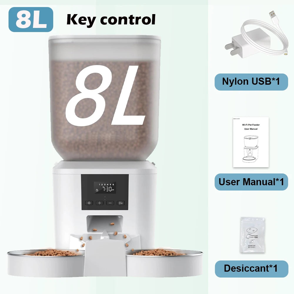 8L Large Capacity Automatic Pet Feeder with Dual Stainless Steel Bowls, Smart Portion Control Food Dispenser for Multi-pet