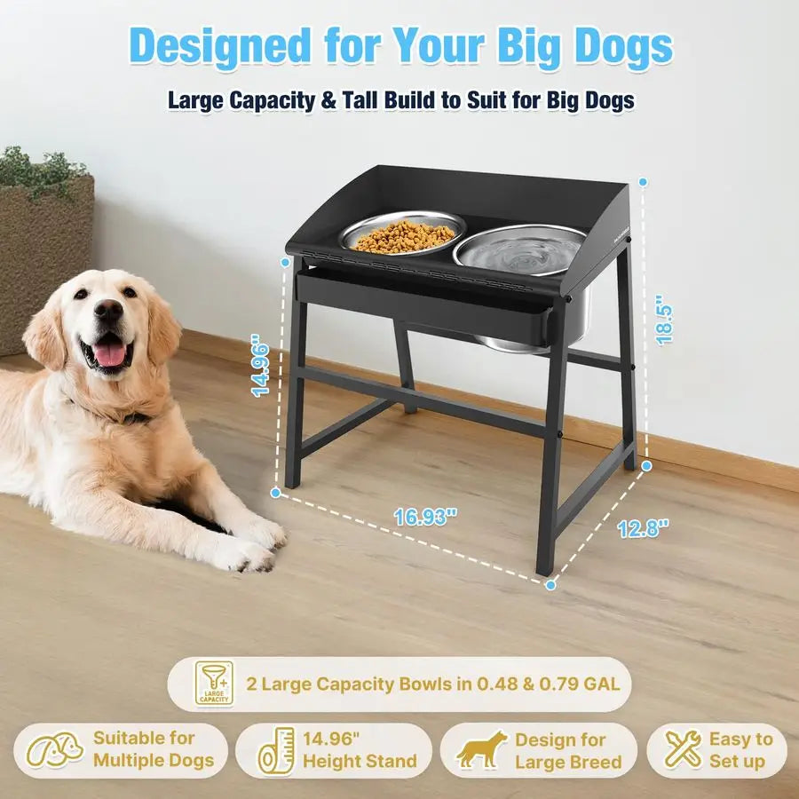 Proof Tilted Elevated Dog Bowls for Large Breed, 15 Tall Raised Dog Bowl with Stand, Stainless Steel Dog Food Bowl amp Water Bow