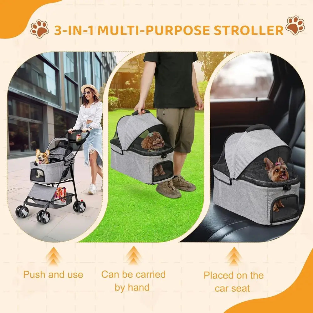 Pet Stroller, 3 in1 oldable Dog Cat Jogger Stroller with 4 Wheels, Detachable Basket and Cup Holder, Travel olding Carrier or Sm