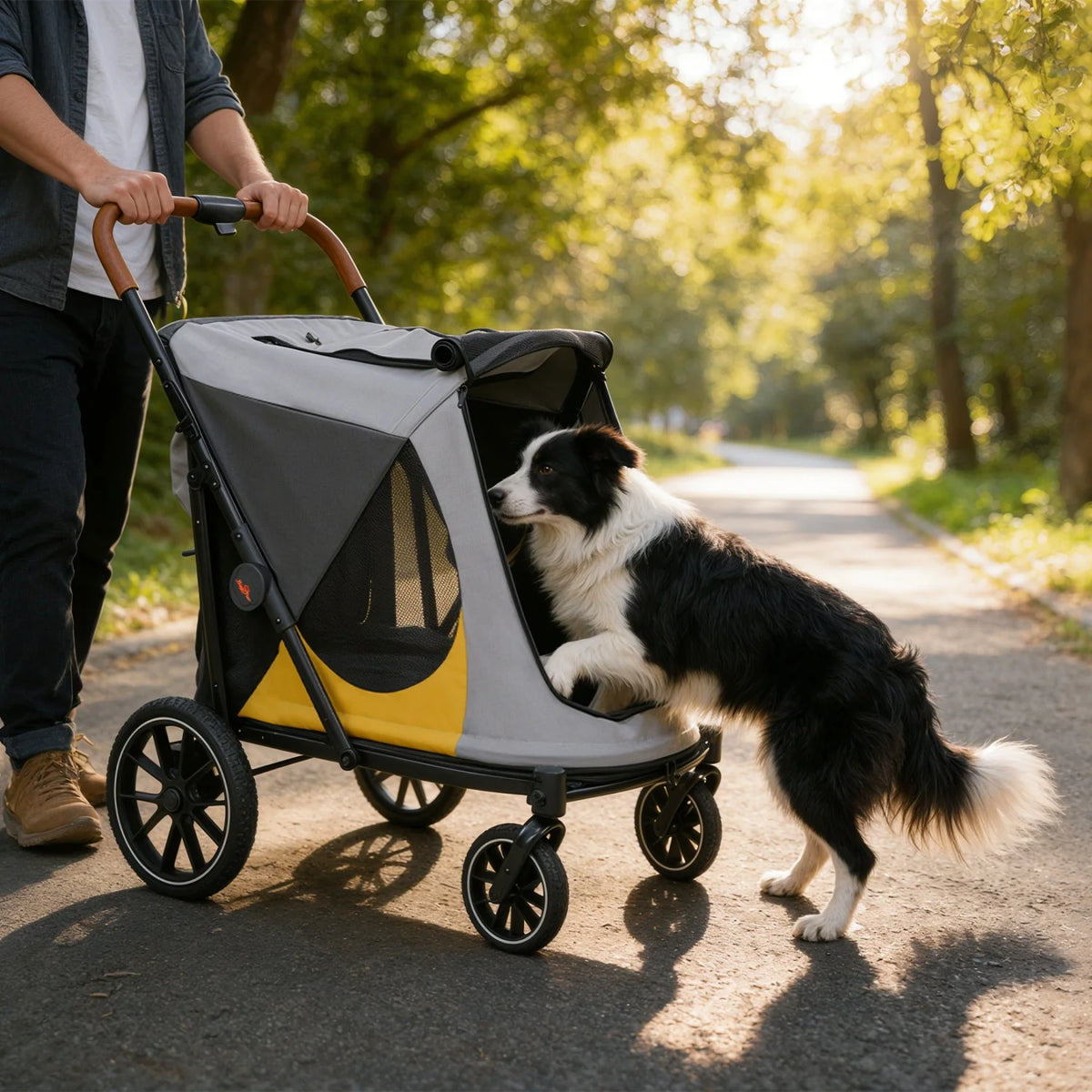 4 Wheels Dog Stroller for Large Dogs Up to 42kg One-click Folding Pet Carrier Stroller Jogger Cart with Storage Pockets