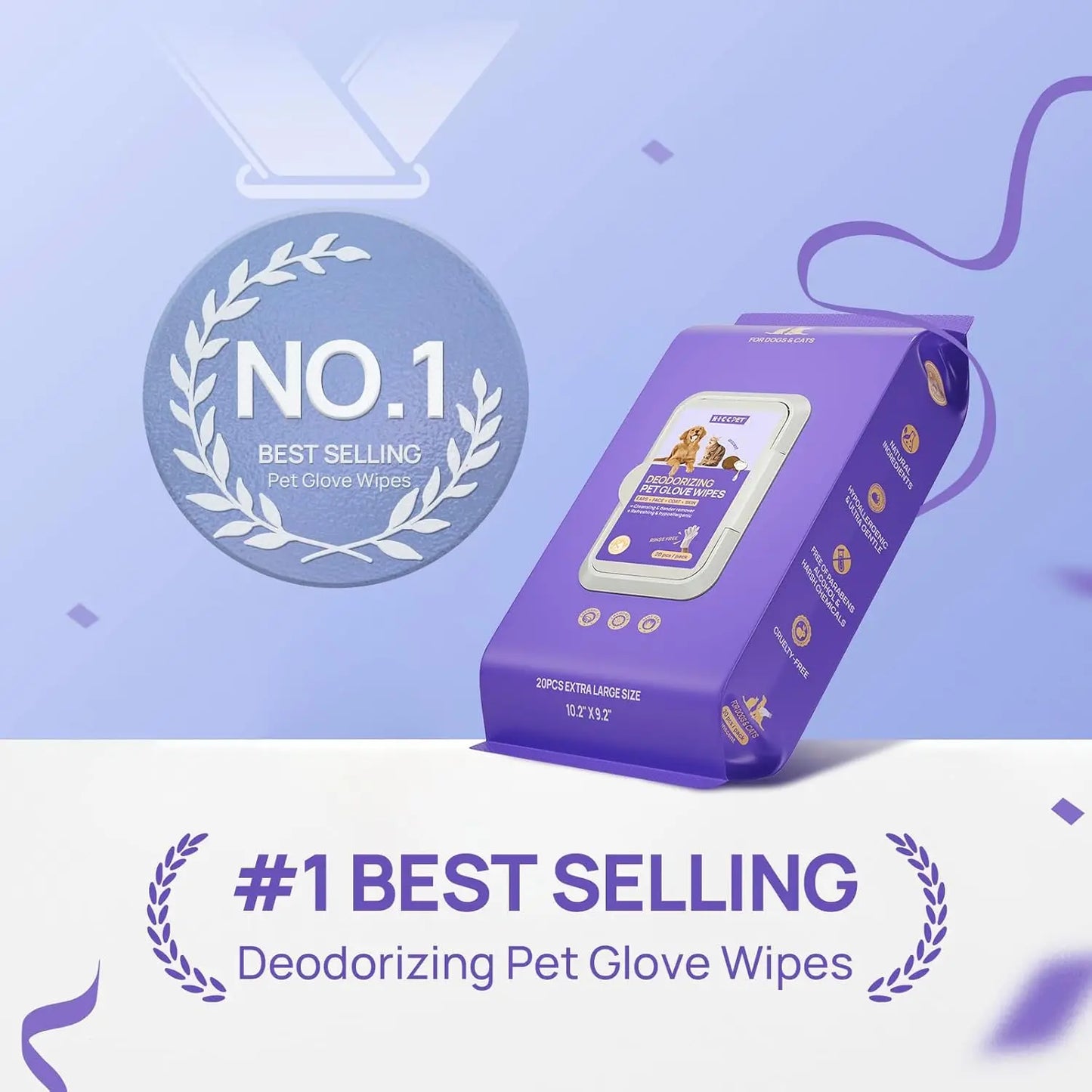 Pet Grooming Glove Wipes for Dogs & Cats, Vet Recommended Hypoallergenic Hydrating Nourish Fur, 20pcs Coconut Scent