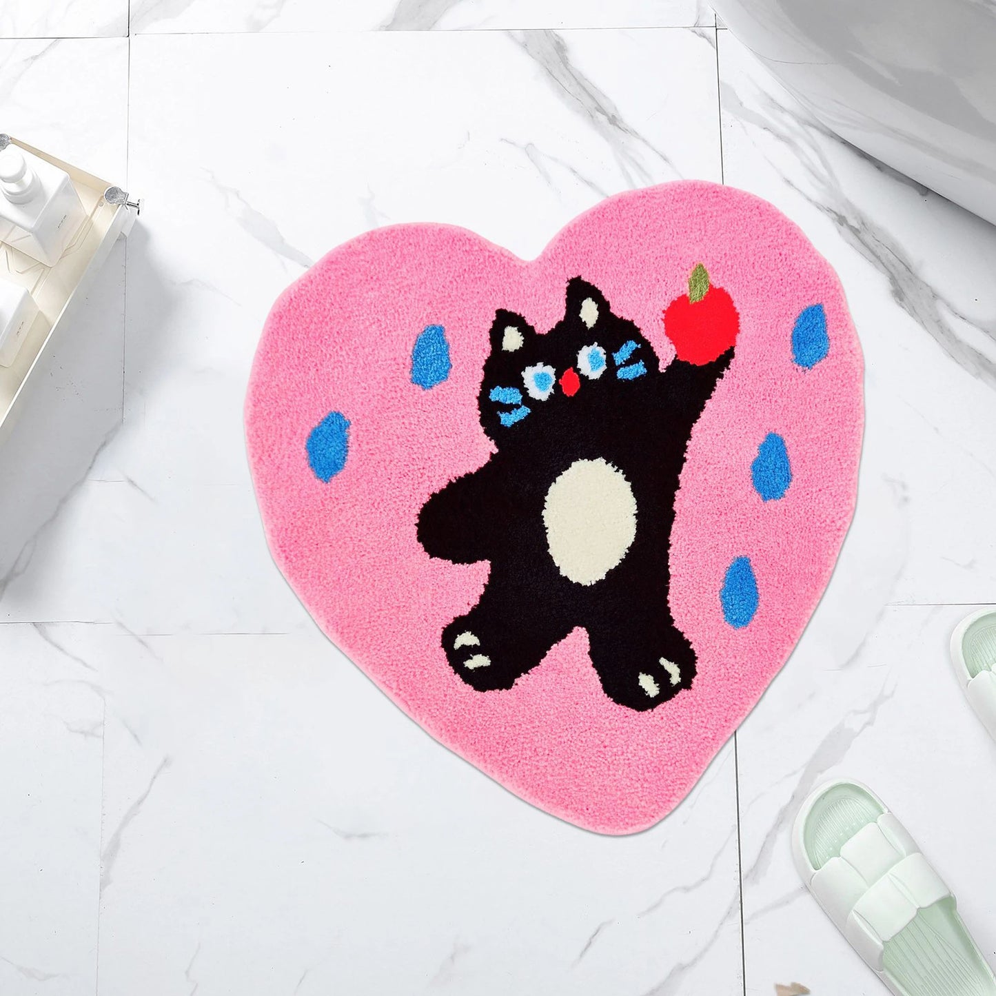 Cute Paw Print Non-Slip Door Mat Heart-Shaped Entrance Rug for Home Decor Absorbent Cat Theme Bathroom Carpet