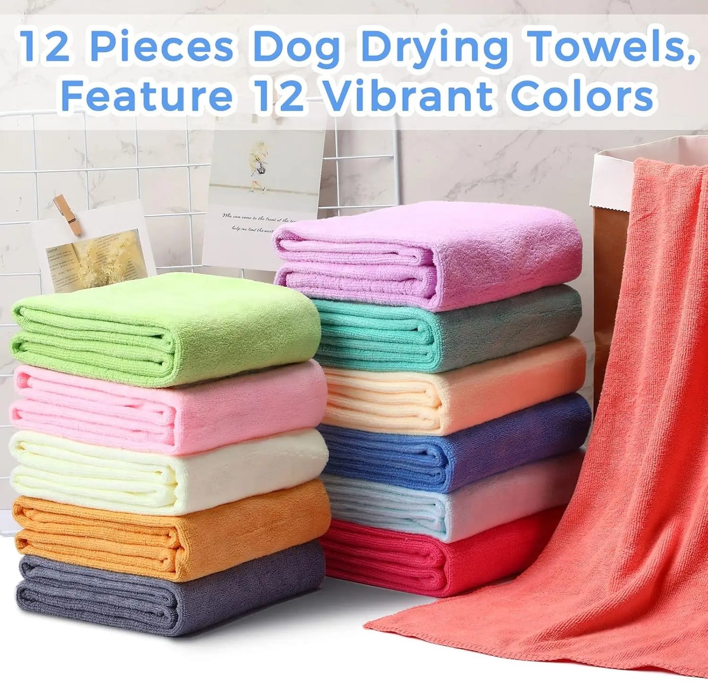 12 Pcs Dog Towels Bulk 20x39in Microfiber Absorbent Soft Pet Bath Towels for Small Medium Puppy Cat, 12 Colors