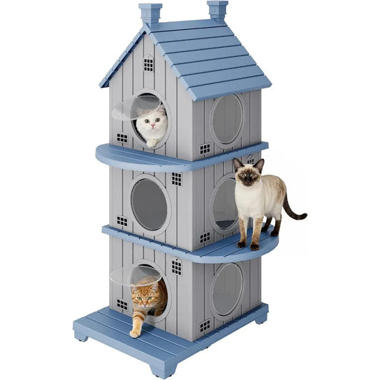 Outdoor Cat House Weatherproof, Durable Resin Cat Houses for Outdoor Indoor Cats, Litter Box Enclosure with Elevated Base, Anti-Slip Pad, Ventilation, Three-Story, Taupe Grey
