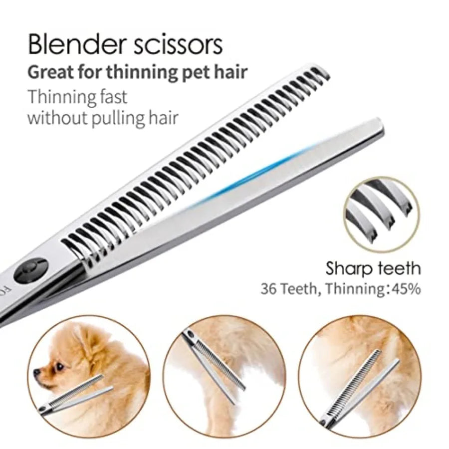 Dog grooming scissors kit for professional pet care: 7-inch curved, thinning, straight, and chunker shears in gold finish