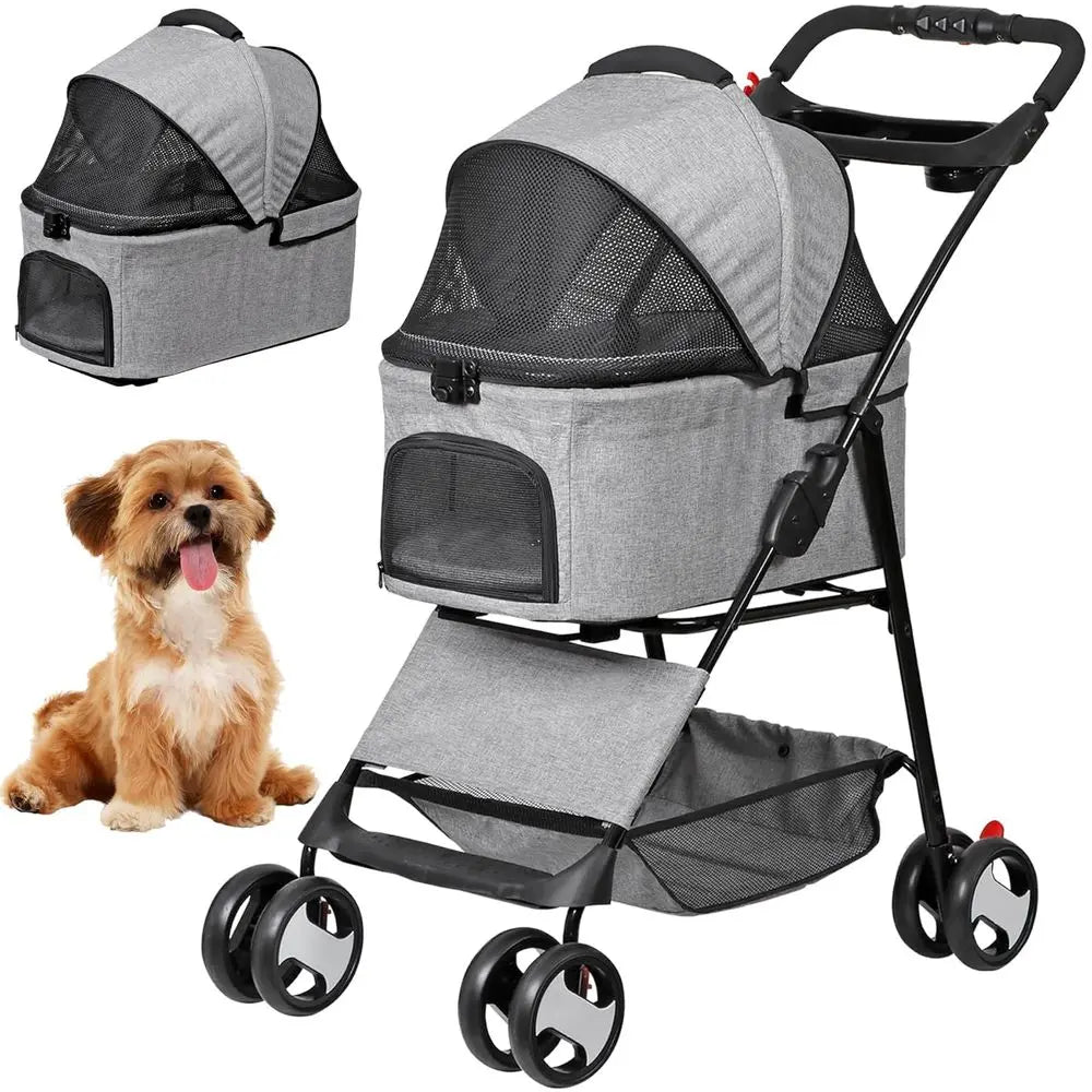 Pet Stroller, 3 in1 oldable Dog Cat Jogger Stroller with 4 Wheels, Detachable Basket and Cup Holder, Travel olding Carrier or Sm