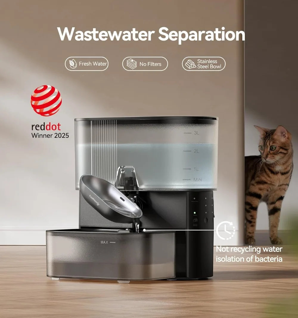 Wireless Cat Water Fountain No Filters, Wastewater Separation, Stainless Steel Bowl, 3.5L Pet Water Dispenser for Cats & Dogs
