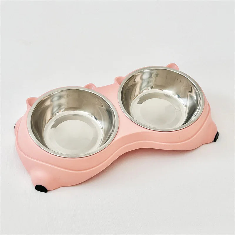 Simple And Cute Macaron Pure Color Stainless Steel Pet Double Bowl For Cats Dogs Feeding And Drinking Bowl Feeder