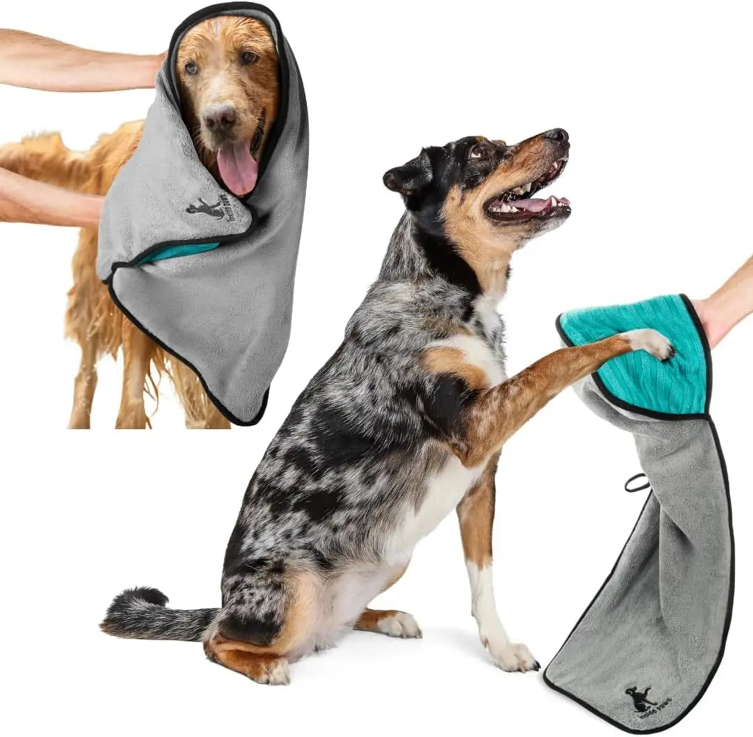 Super Absorbent Microfiber Dog Towel & Paw Cleaner with Hand Pockets, Quick Dry, Machine Washable, Hanging Loop, for All Breeds