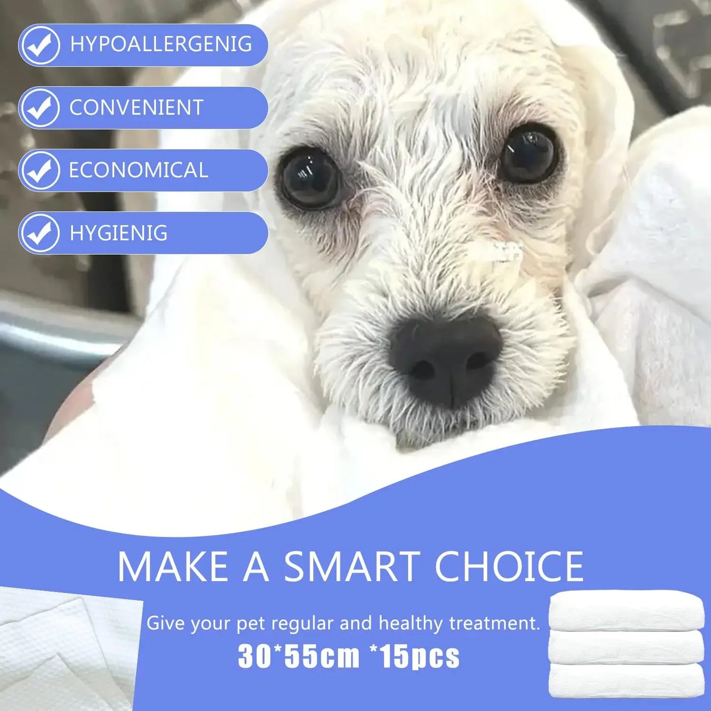 Disposable Pet Bath Towel, 15-Pack, 11.8x21.6in, Absorbent & Soft for Small Dogs, Puppies, Cats
