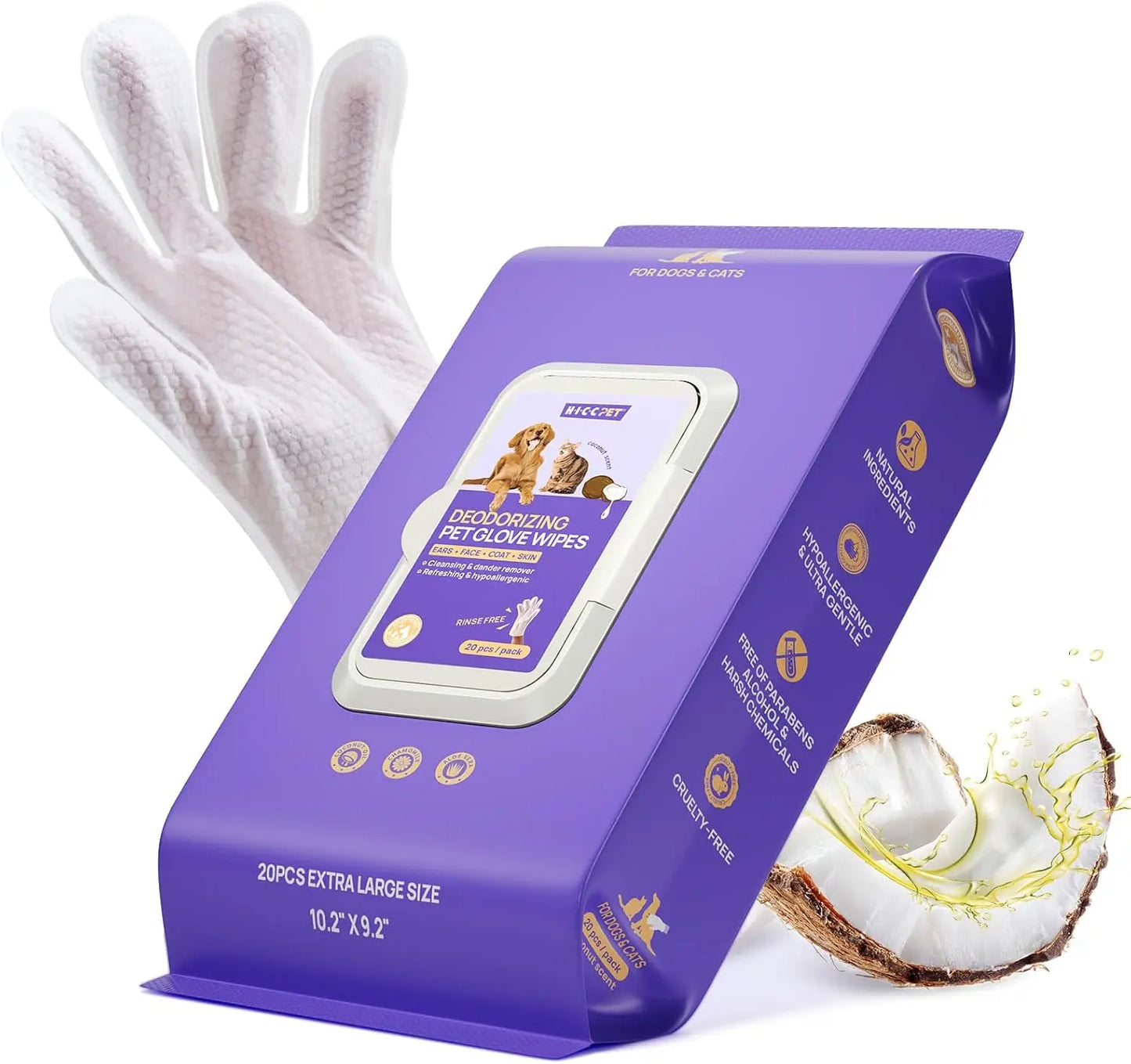 Pet Grooming Glove Wipes for Dogs & Cats, Vet Recommended Hypoallergenic Hydrating Nourish Fur, 20pcs Coconut Scent