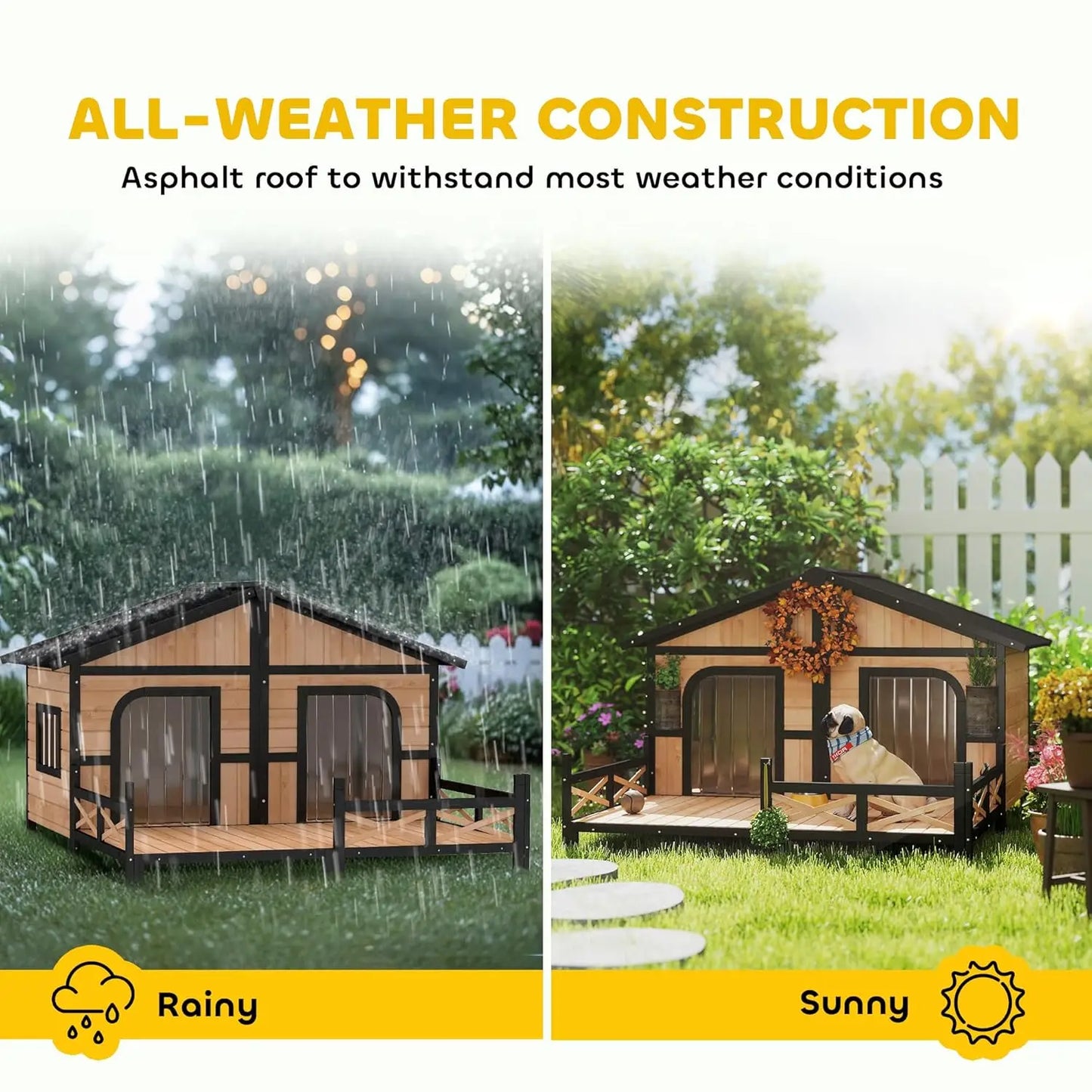 Weatherproof Wooden Dog House with Porch & Roof, Removable Floor, Elevated Double Room for Small Medium Breeds, Custom
