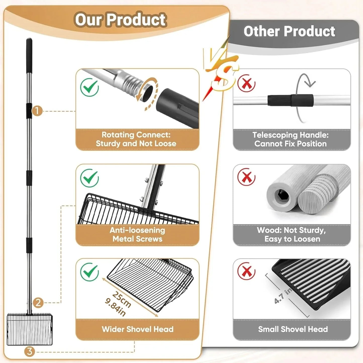 Extendable Cat Litter Scoop & Chicken Coop Rake, Retractable Waste Cleaning Tool For Cat Litter Box, Coop, Garden
