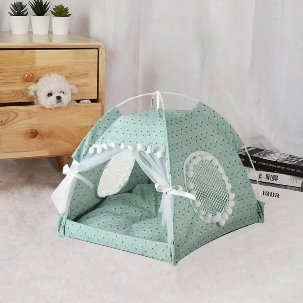 Selena Cat Bed Tents Dog House Indoor Outdoor Lace Mesh Breathable Windows Door Curtains Removable Portable Nest Teepe House (Small,Pink(Ruffled Teim))