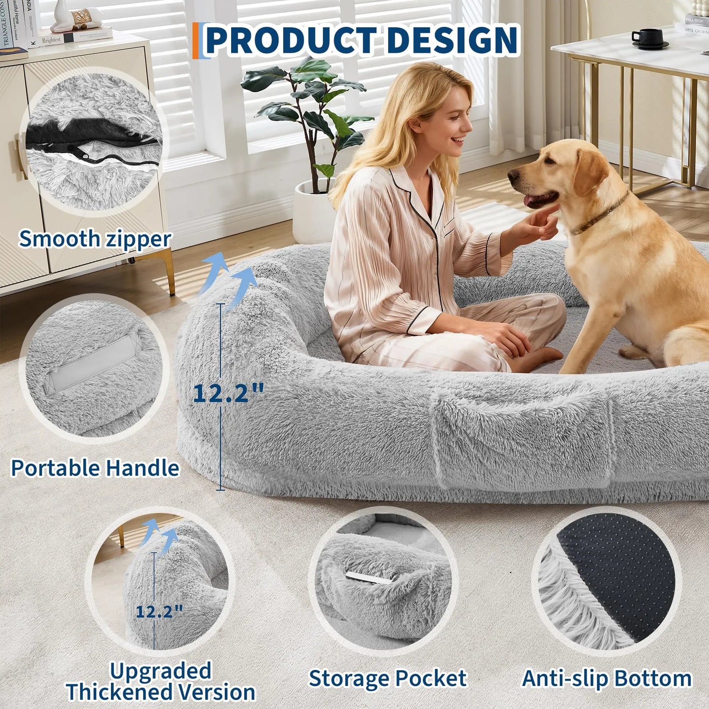 Oversized Human & Pet Shared Bed Plush Fleece Cozy Nest With Elevated Headrest Waterproof Lining Non-Slip Bottom Orthopedic Bed