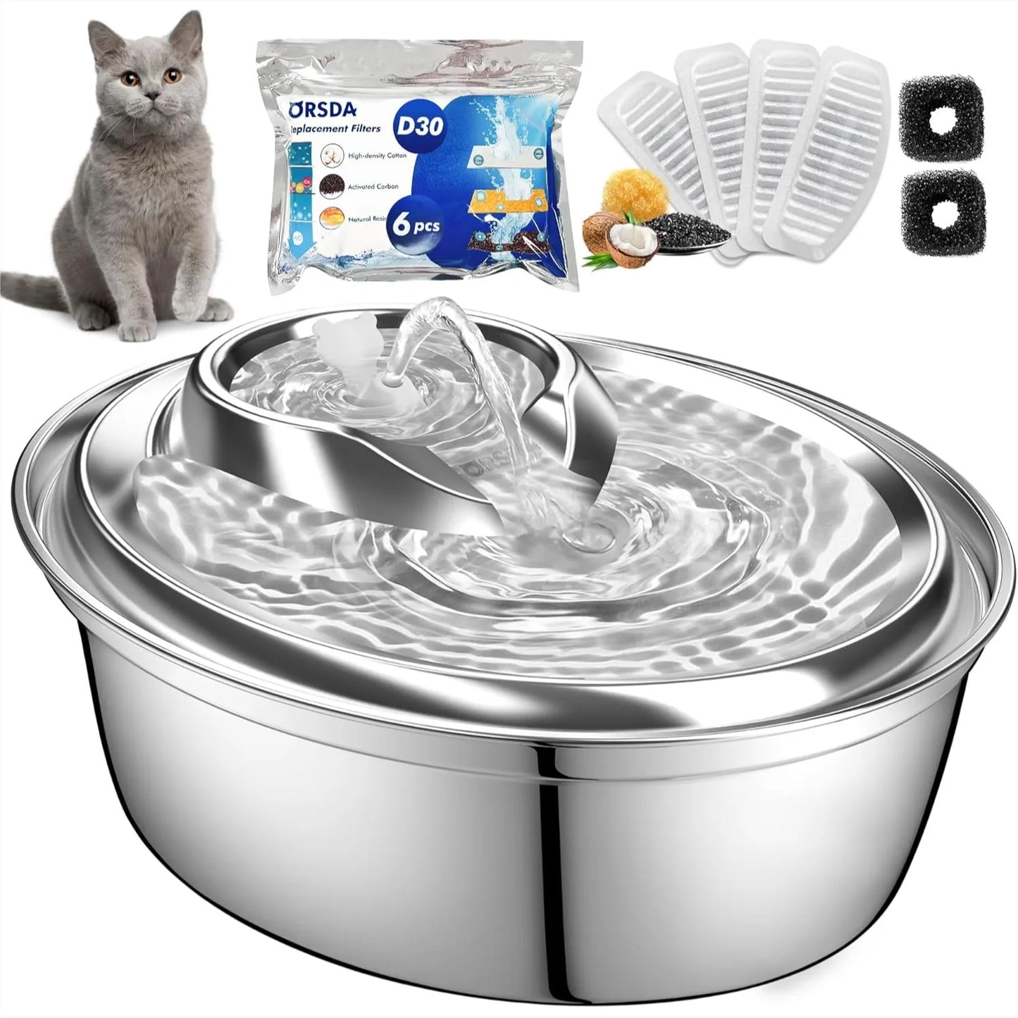 Stainless Steel Cat Water Fountain with 6 Filters, 2L Automatic Pet Drinking Fountain for Cats and Small Dogs, Quiet and