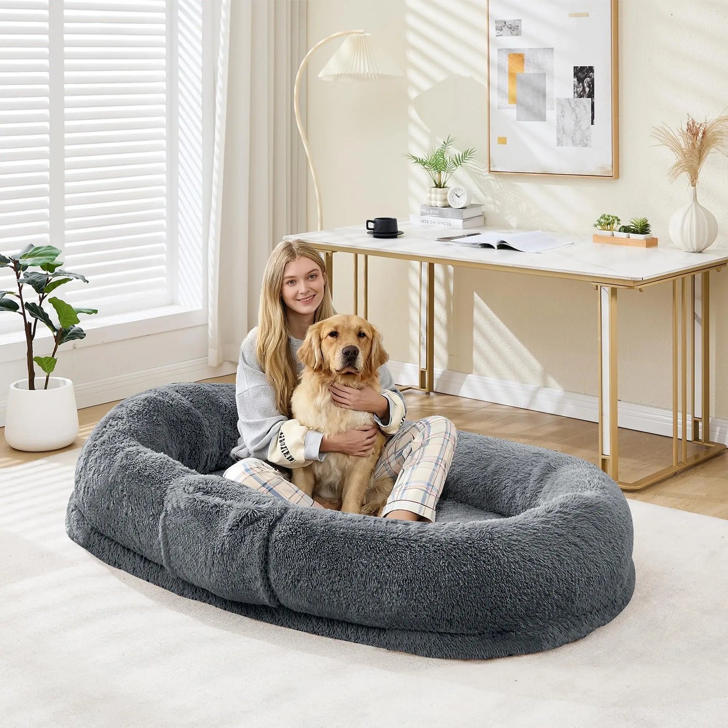 Oversized Human & Pet Shared Bed Plush Fleece Cozy Nest With Elevated Headrest Waterproof Lining Non-Slip Bottom Orthopedic Bed