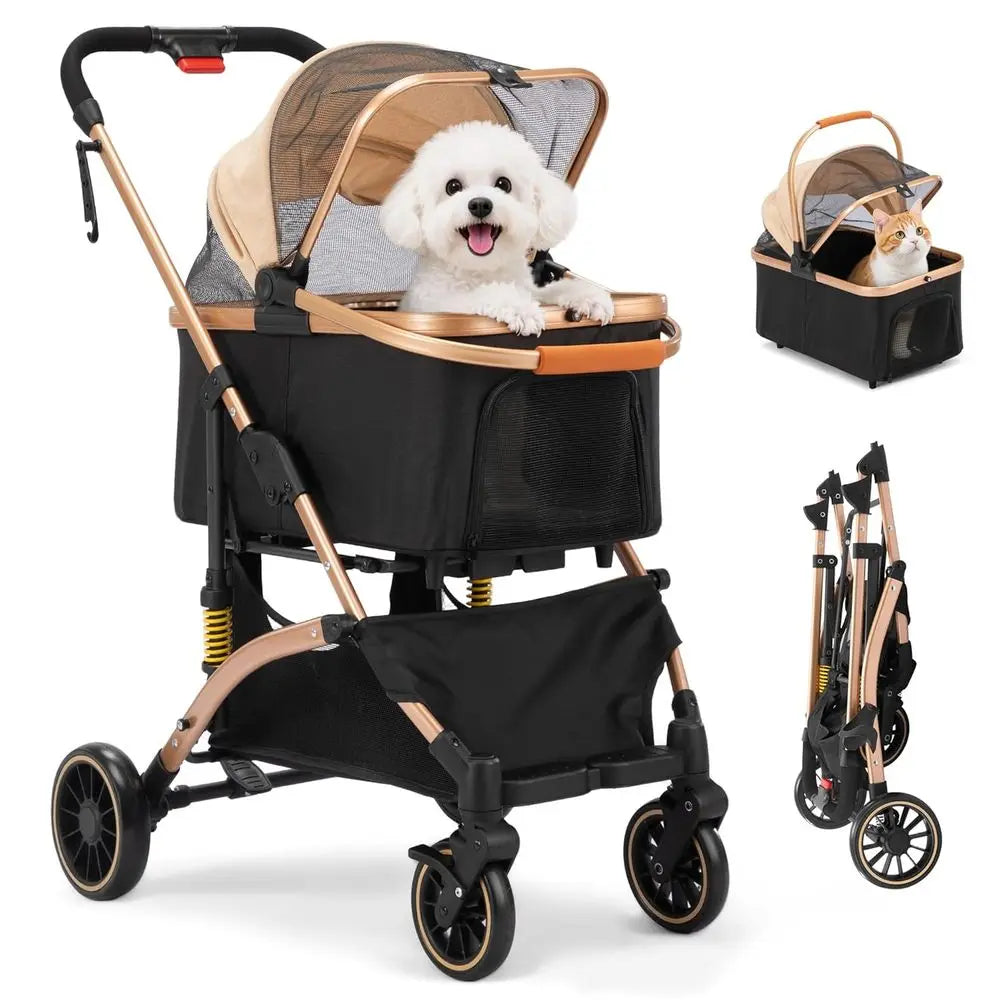 Dog Stroller or Pets, One Hand old Puppy Stroller with 6 Shock Absorbers, Removable Cabin & Storage Basket, 4 Wheels Dual Brakes