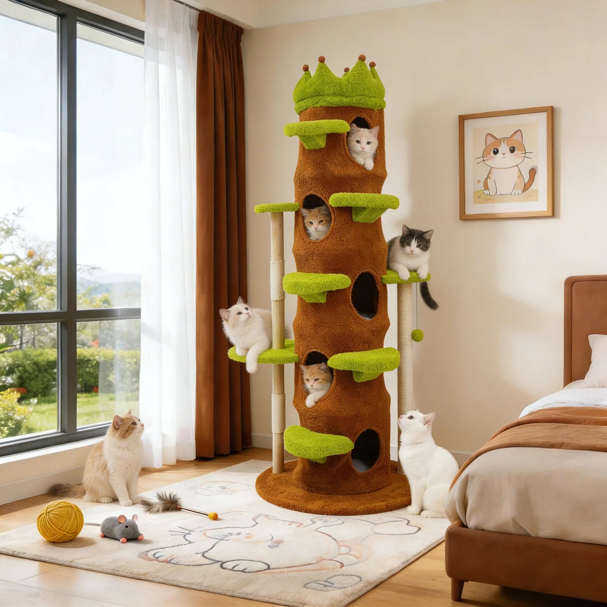 Heavy Duty Cat Tree 187CM Tall Sturdy Cat Tower Crown-shaped Top Perch Sisal Scratching Post Plush Cave for Multiple Cats Cat Climbing Tree Activity Center