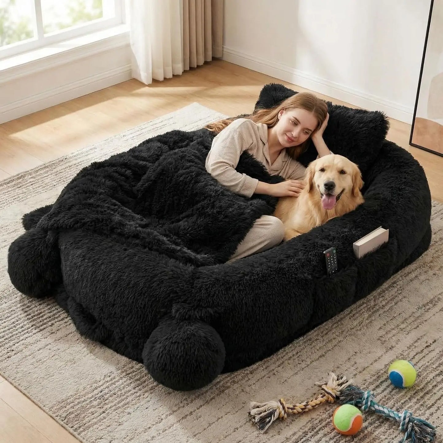Garvee 71" x 45" Human-Sized Dog Bed, Large Orthopedic Pet Bean Bed with 2 Storage Pockets, Fluffy Faux Fur Bed for Adults & Giant Pets Black
