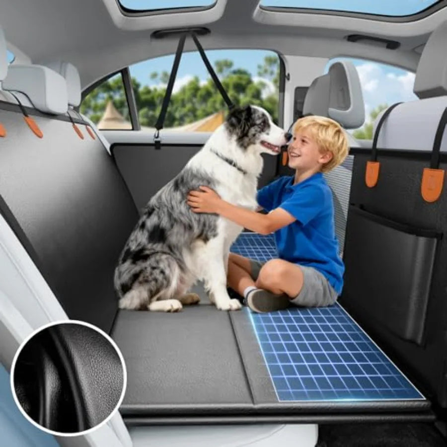 Dog Car Seat Cover with Hard Bottom PU Leather for Back Seat Extender Pet Hammock Bed for Cars SUVs Holds 400lbs Mesh Window Po
