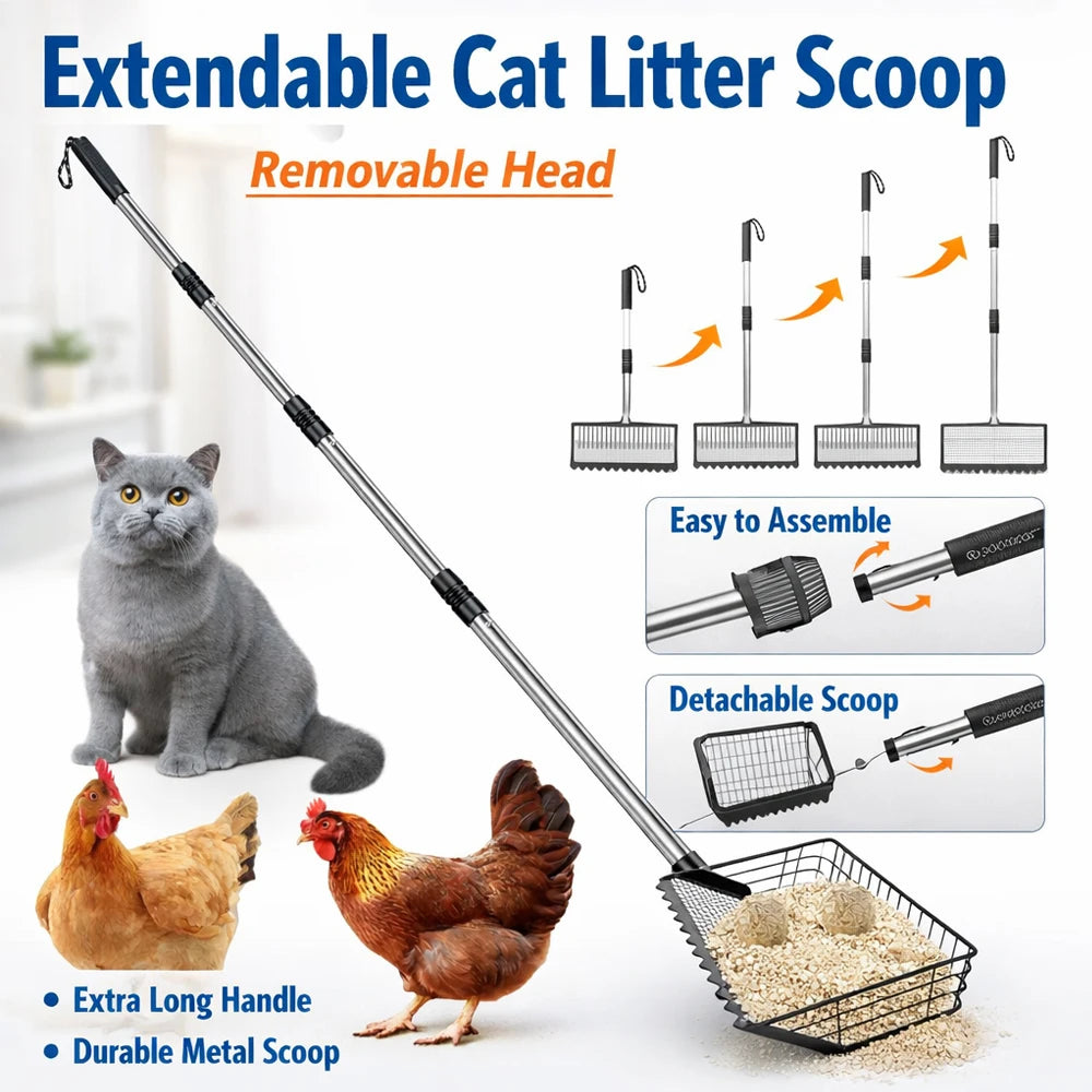 Extendable Cat Litter Scoop & Chicken Coop Rake, Retractable Waste Cleaning Tool For Cat Litter Box, Coop, Garden