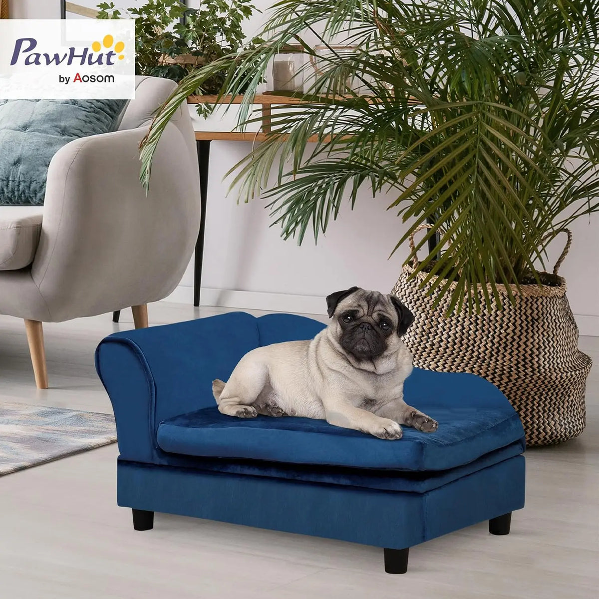 PawHut Luxury Fancy Dog Couch with Hidden Storage, Small Dog Sofa Bed with 2" Soft Foam, Modern Pet Furniture for Puppies & Little Breeds, Blue