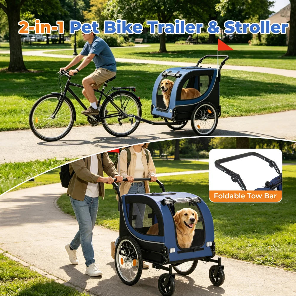 2-in-1 Bike Trailer & Pet Stroller for Dogs up to 100lbs, Foldable Large Dog Carrier Cart with 20 Inch Air-Filled Wheels, 8 Inch Front Caster Wheels, Breathable Mesh Windows, PVC Rain Cover, Quick Release Wheels, Heavy Duty F