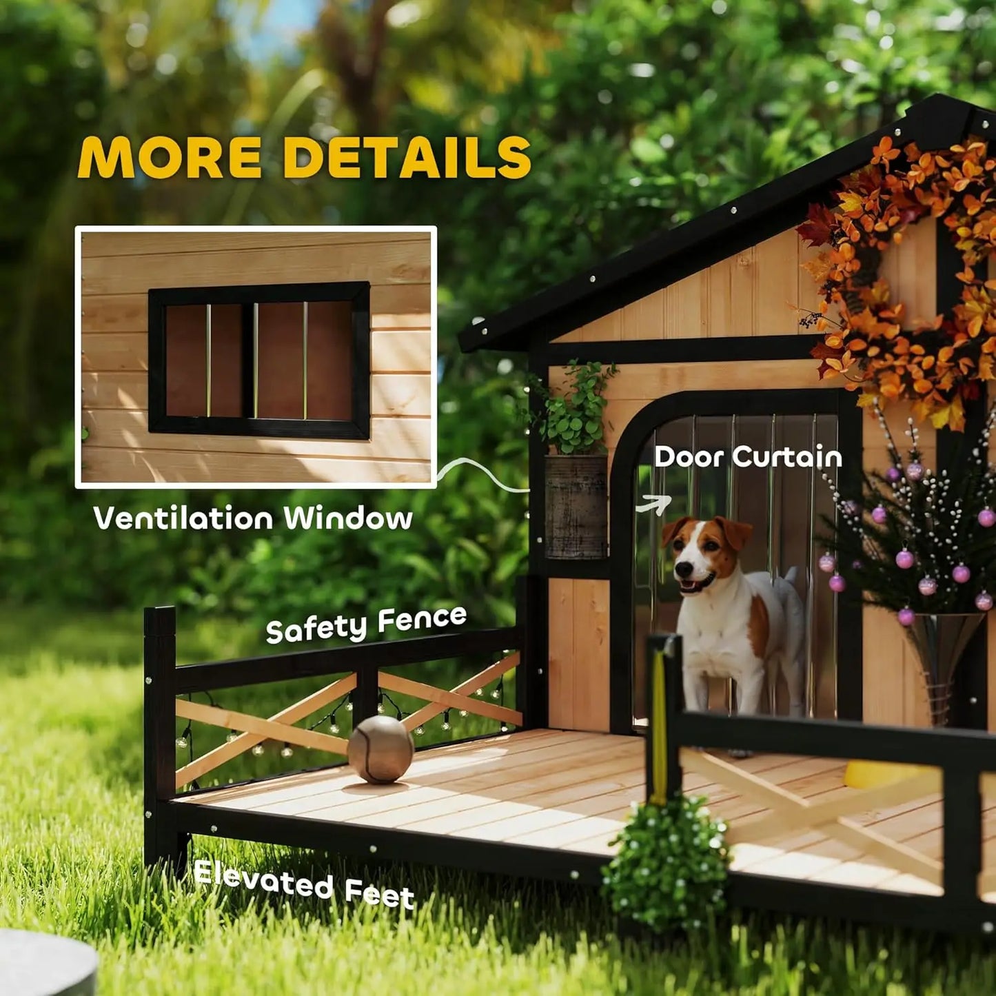 Weatherproof Wooden Dog House with Porch & Roof, Removable Floor, Elevated Double Room for Small Medium Breeds, Custom
