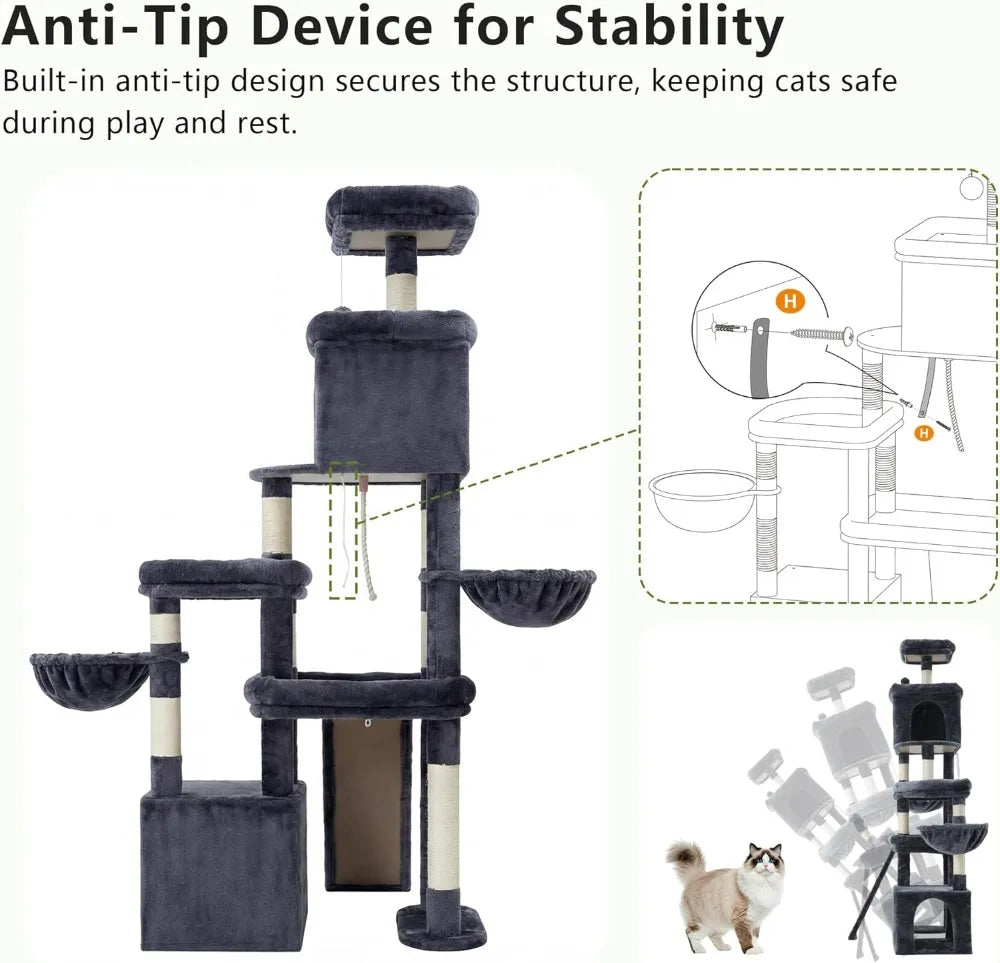 72.4-Inch Anti-Tip Cat Tower for Large Cats, All-in-One Cat Furniture with Spacious Perches, Multiple Interactive Areas, Extra-Large Sisal Scratching Board