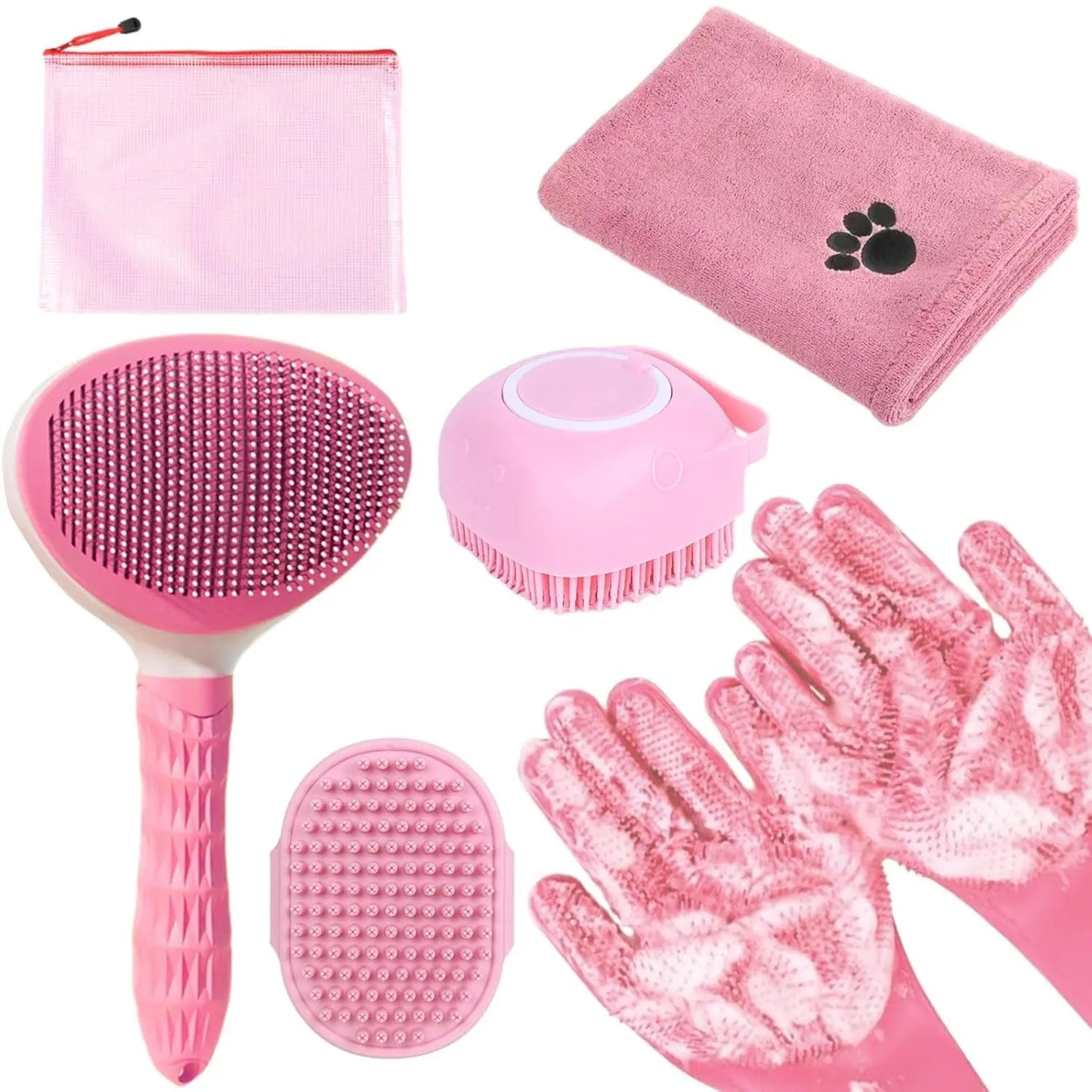 Complete Pet Bathing Kit: Brush, Towel, Gloves & Scrubber for Dogs & Cats (Pink)
