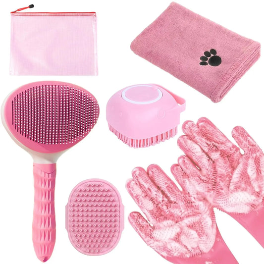 Complete Pet Bathing Kit: Brush, Towel, Gloves & Scrubber for Dogs & Cats (Pink)