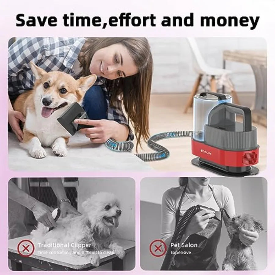 Professional Pet Vacuum Groomer for Dogs with Stainless Steel Comb and Red Brush 3-in-1 Hair Removal Tool for Pet Grooming Effi