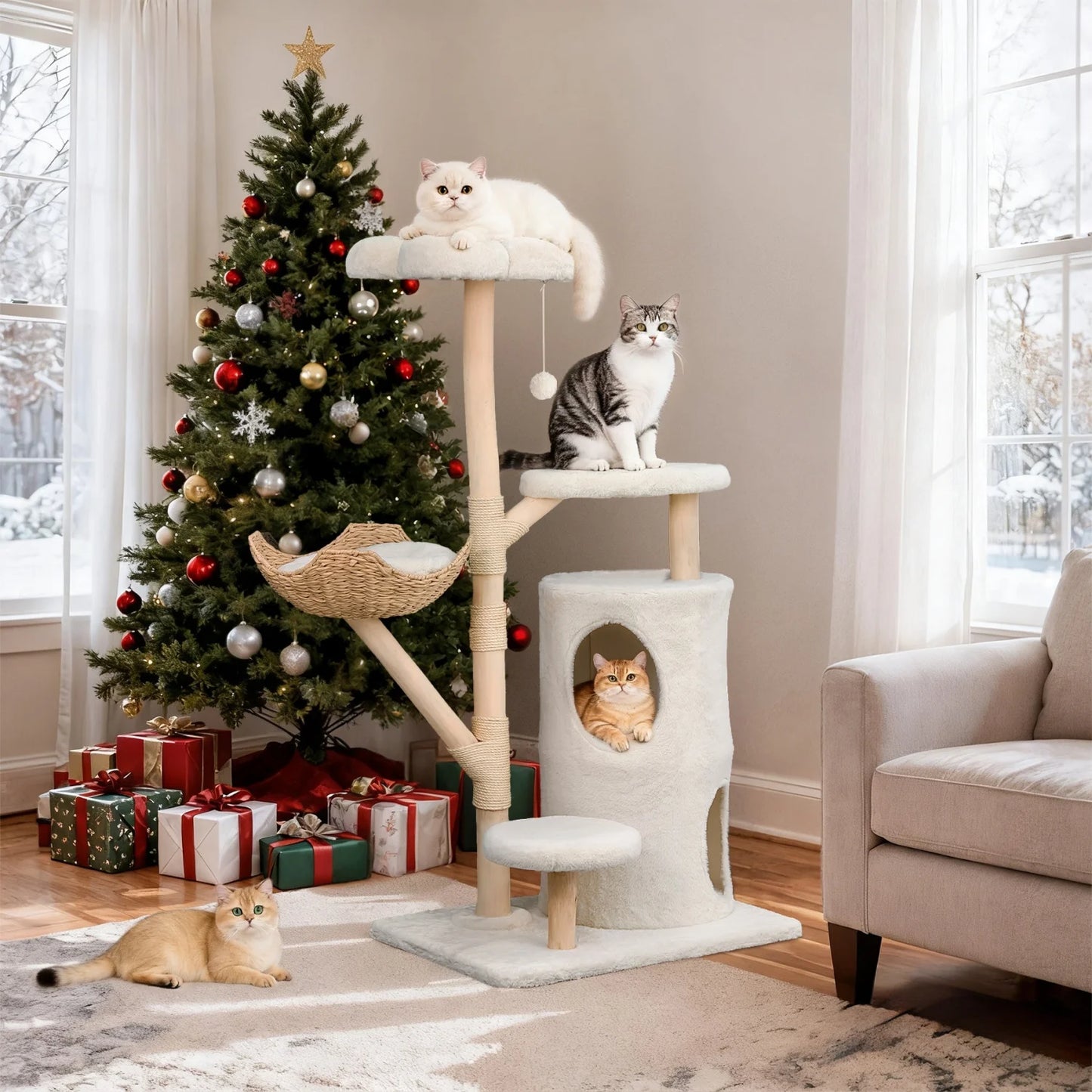 Multi-Level Cat Tree with Hanging Ball and Sisal Scratching Posts Cat Tower Condo Indoor Activity Center