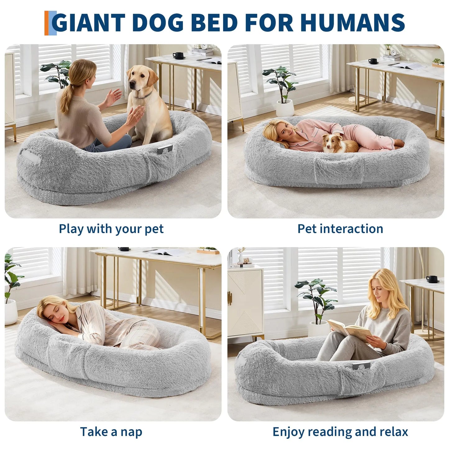 Oversized Human & Pet Shared Bed Plush Fleece Cozy Nest With Elevated Headrest Waterproof Lining Non-Slip Bottom Orthopedic Bed