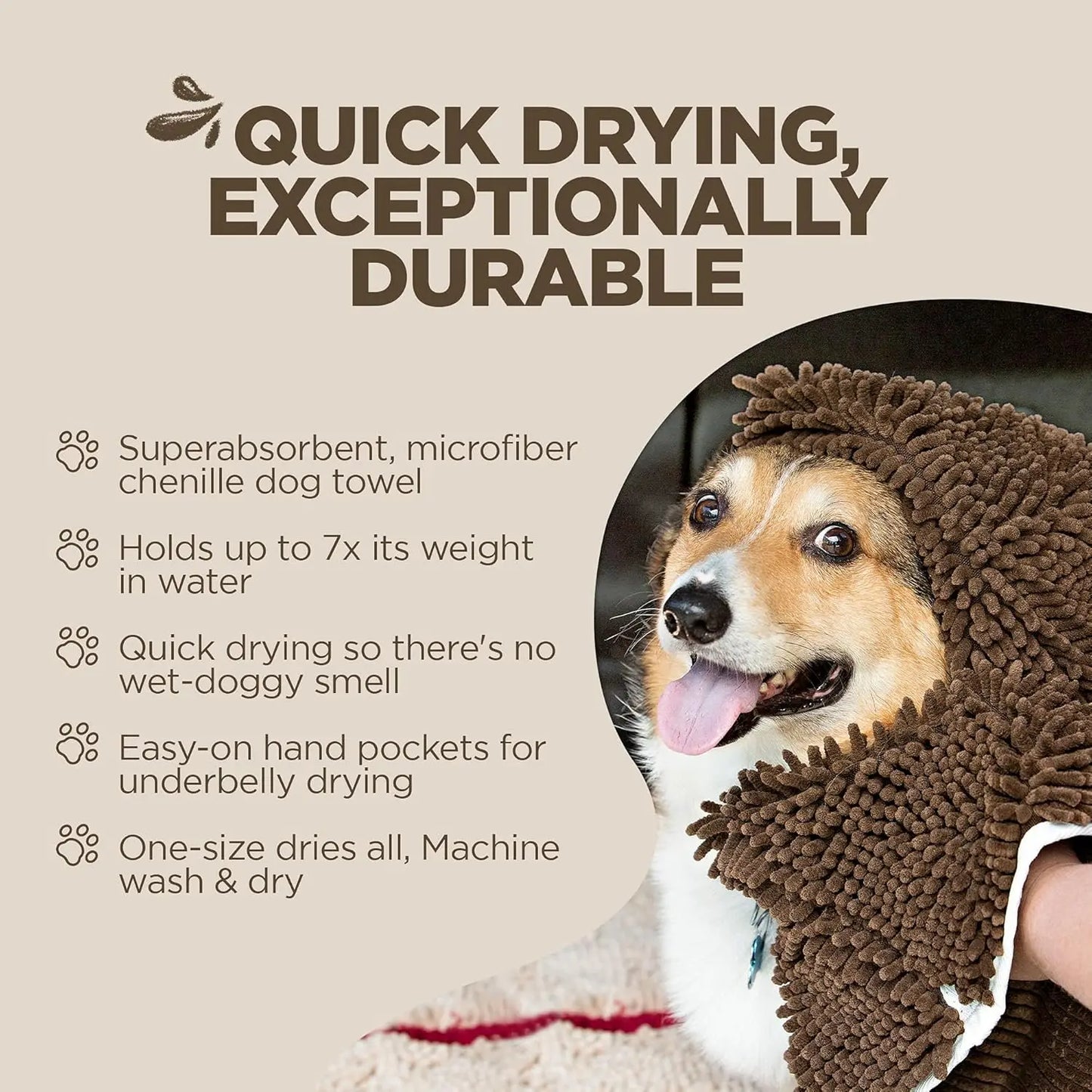 Ultra Absorbent Microfiber Chenille Dog Towel with Hand Pockets, Quick Drying, Machine Washable, 31" x 14"